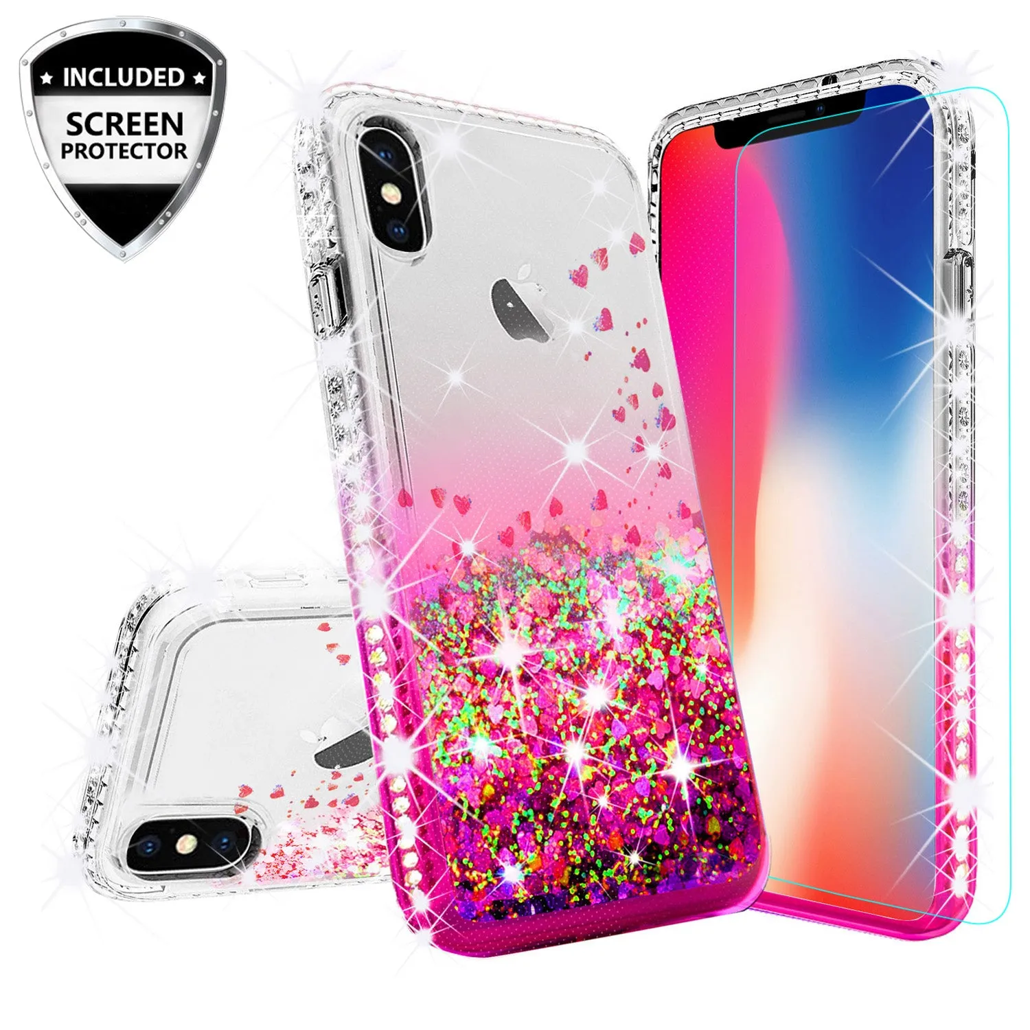 Apple iPhone XR Case Liquid Glitter Phone Case Waterfall Floating Quicksand Bling Sparkle Cute Protective Girls Women Cover for iPhone XR - Hot Pink