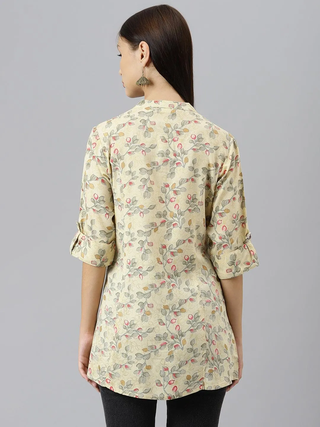 Beige Floral Rayon A-line Shirts Style Top