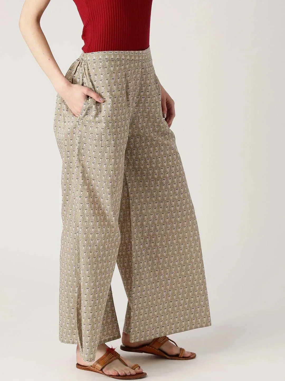 Beige Printed Cotton Palazzos