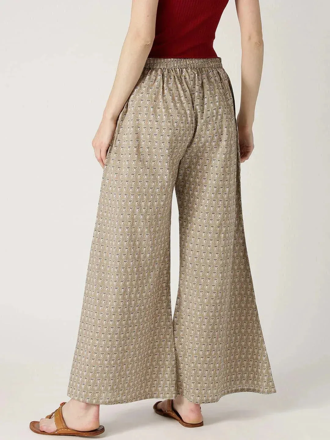 Beige Printed Cotton Palazzos