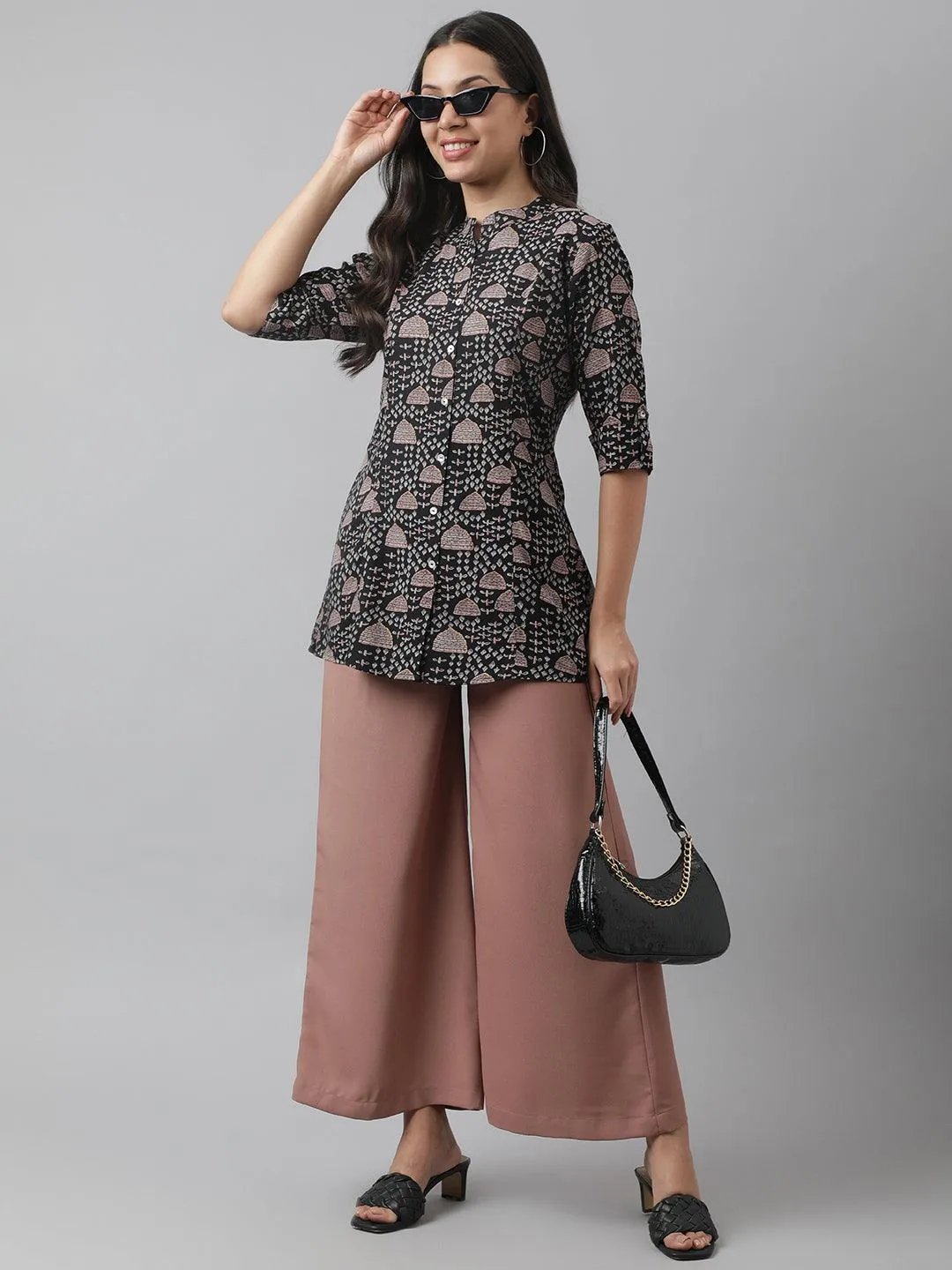 Black Floral Printed Rayon A-line Shirt Style Top