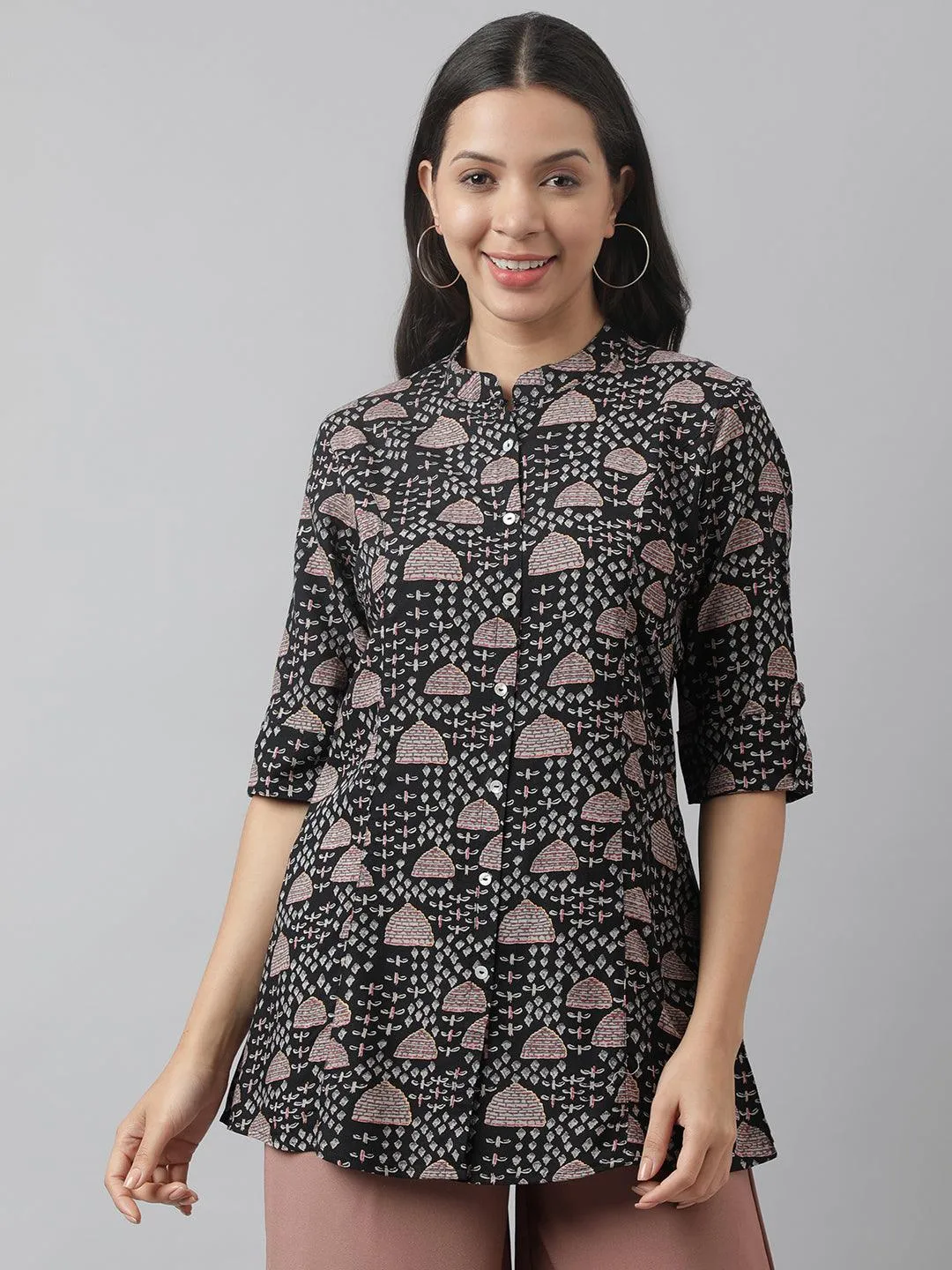 Black Floral Printed Rayon A-line Shirt Style Top