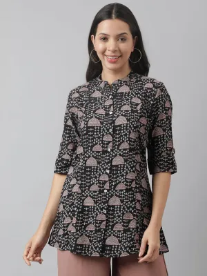 Black Floral Printed Rayon A-line Shirt Style Top