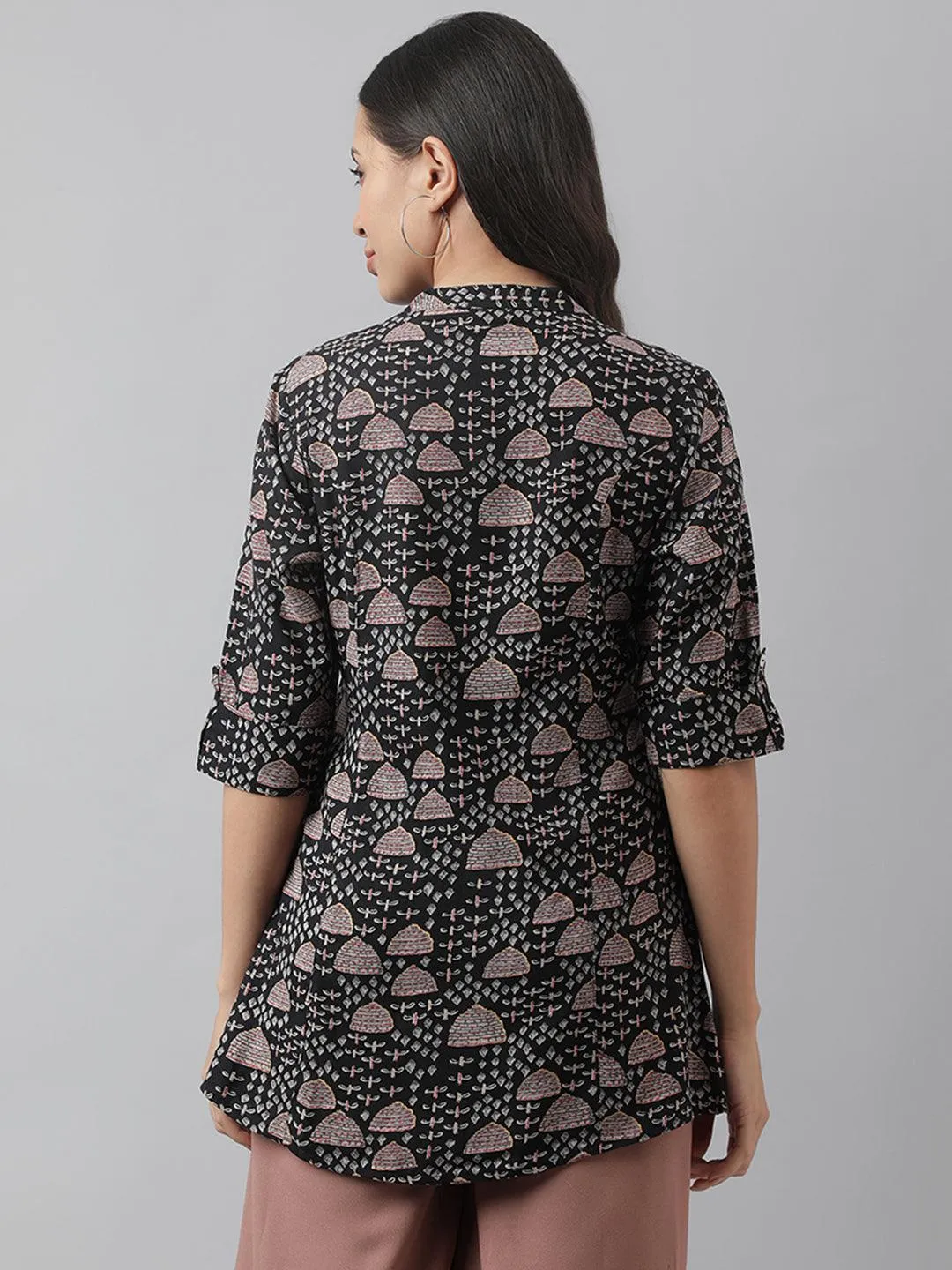 Black Floral Printed Rayon A-line Shirt Style Top
