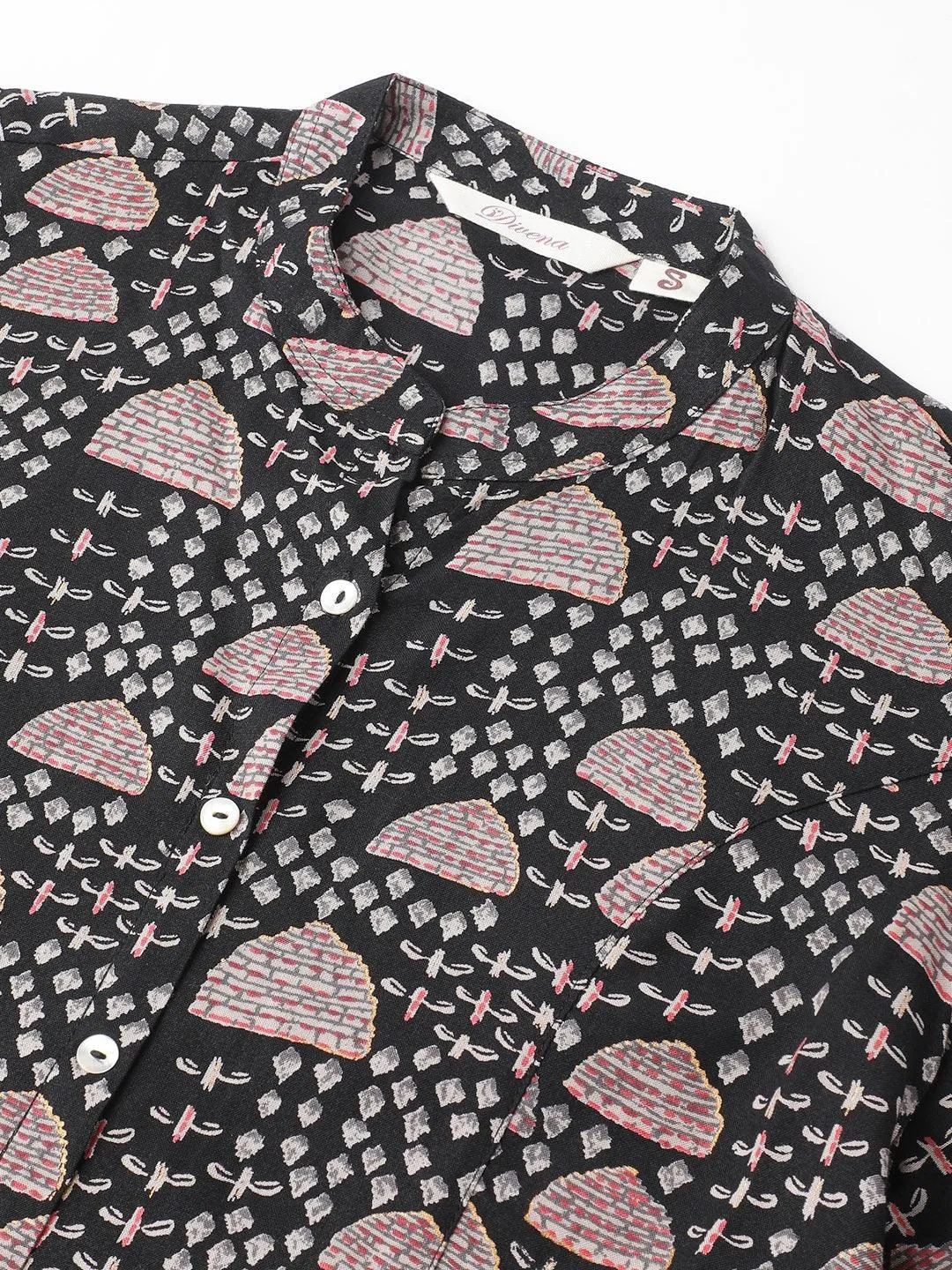 Black Floral Printed Rayon A-line Shirt Style Top
