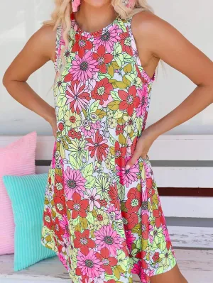 Boho Chic Green Floral Sleeveless Mini Dress