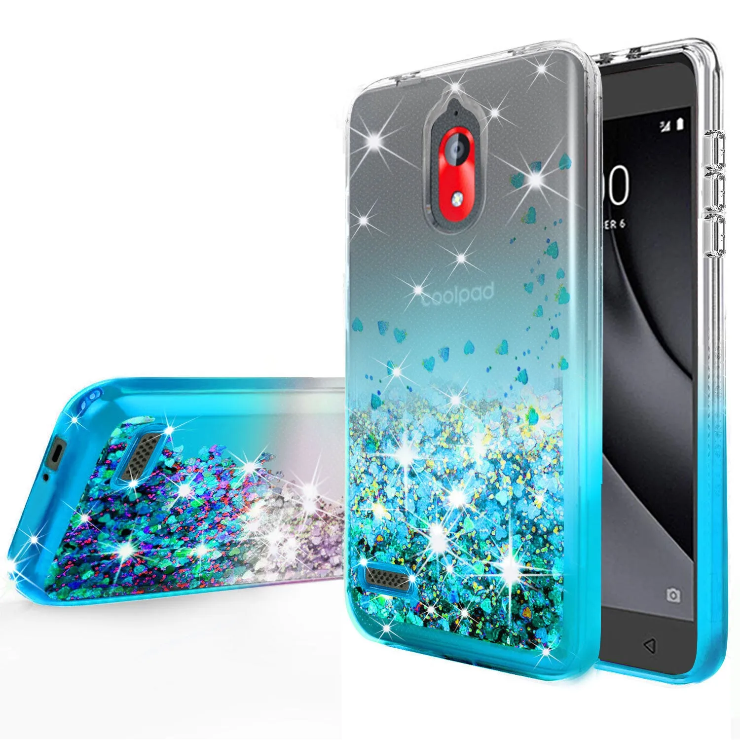 Coolpad Illumina Case,Legacy Go Case Liquid Glitter Phone Case Waterfall Floating Quicksand Bling Sparkle Cute Protective Girls Women Cover for Coolpad Illumina/Legacy Go W/Temper Glass- Teal