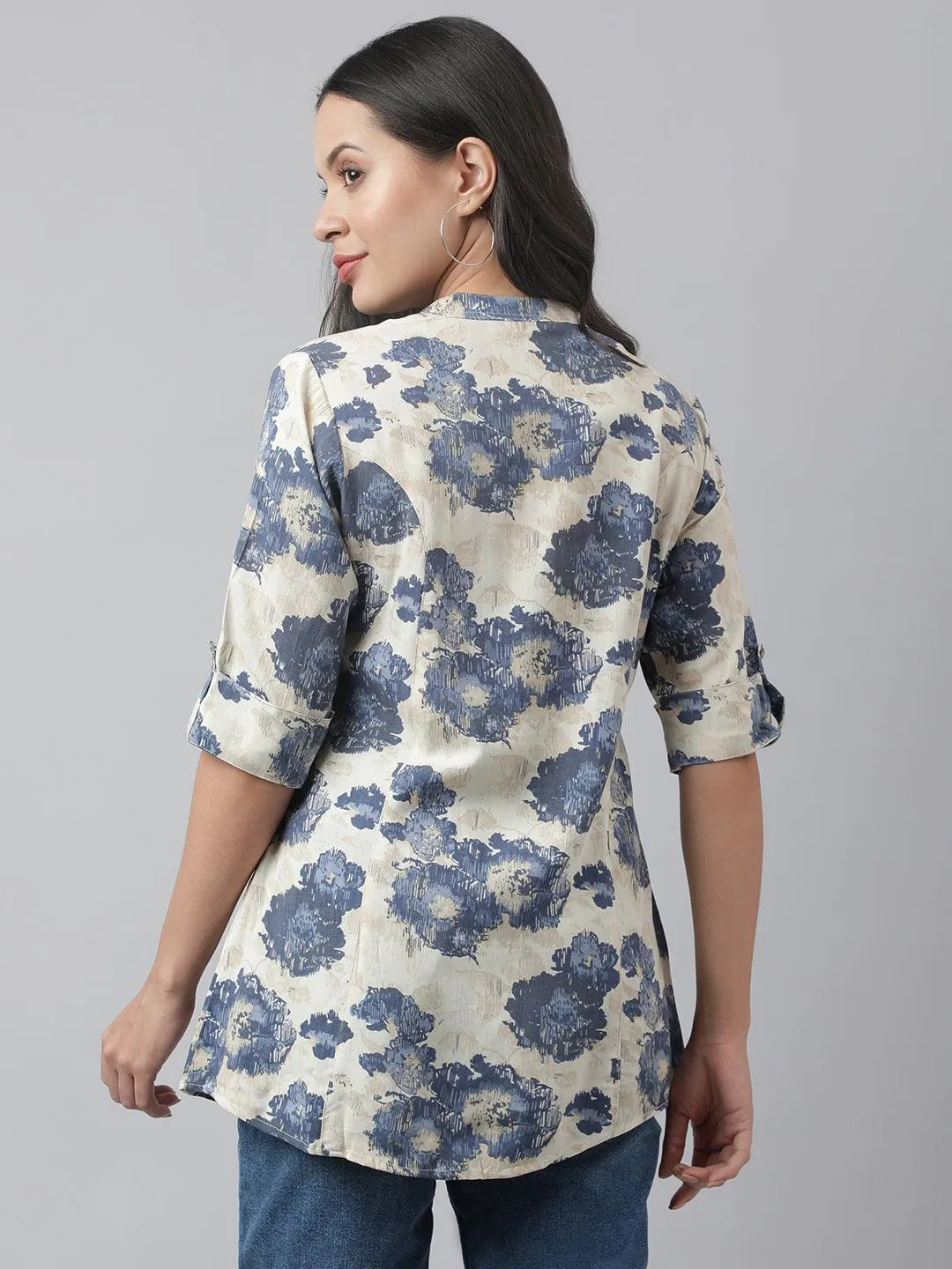 Cream Floral Printed Rayon A-line Shirt Style Top