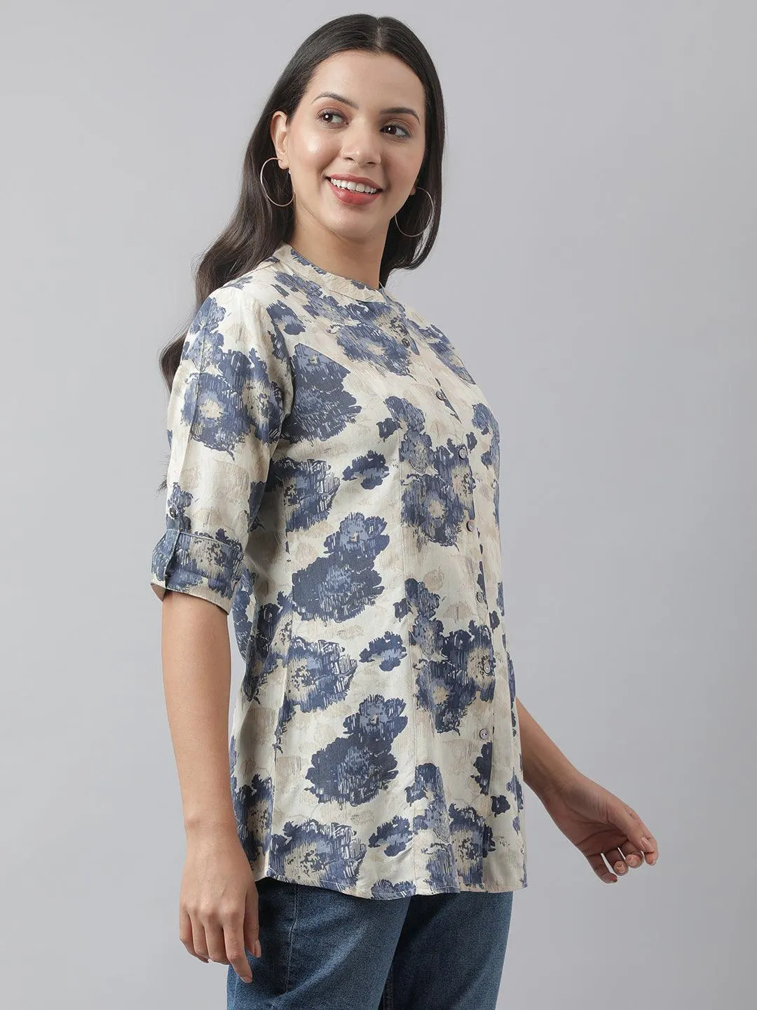 Cream Floral Printed Rayon A-line Shirt Style Top