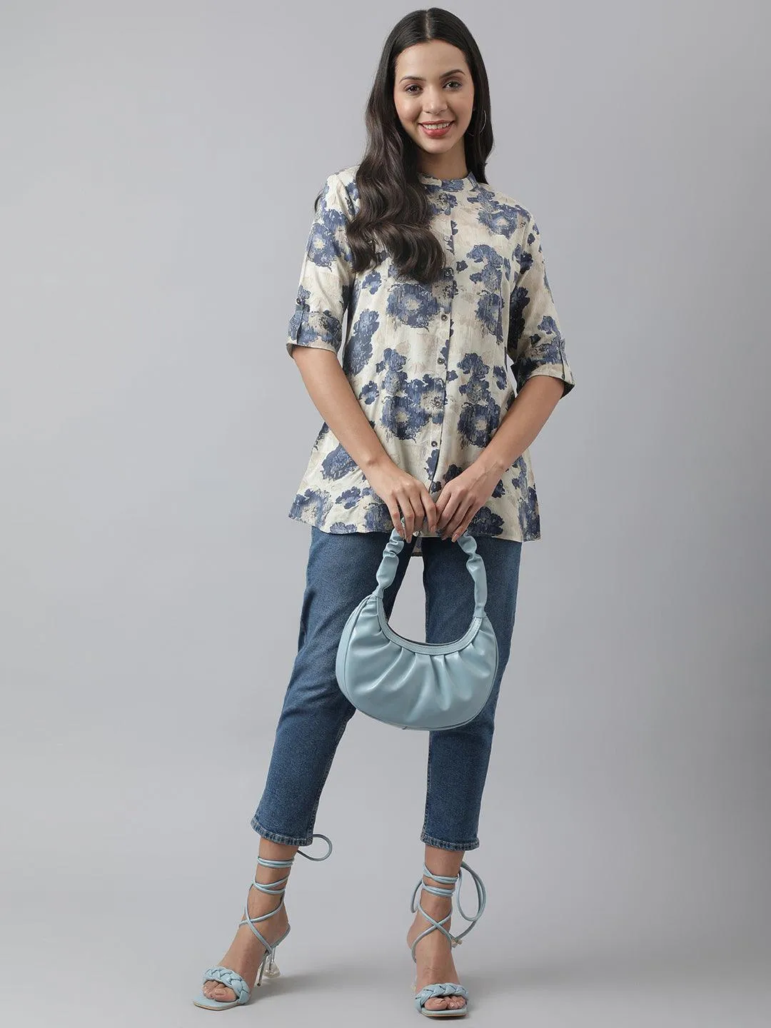 Cream Floral Printed Rayon A-line Shirt Style Top