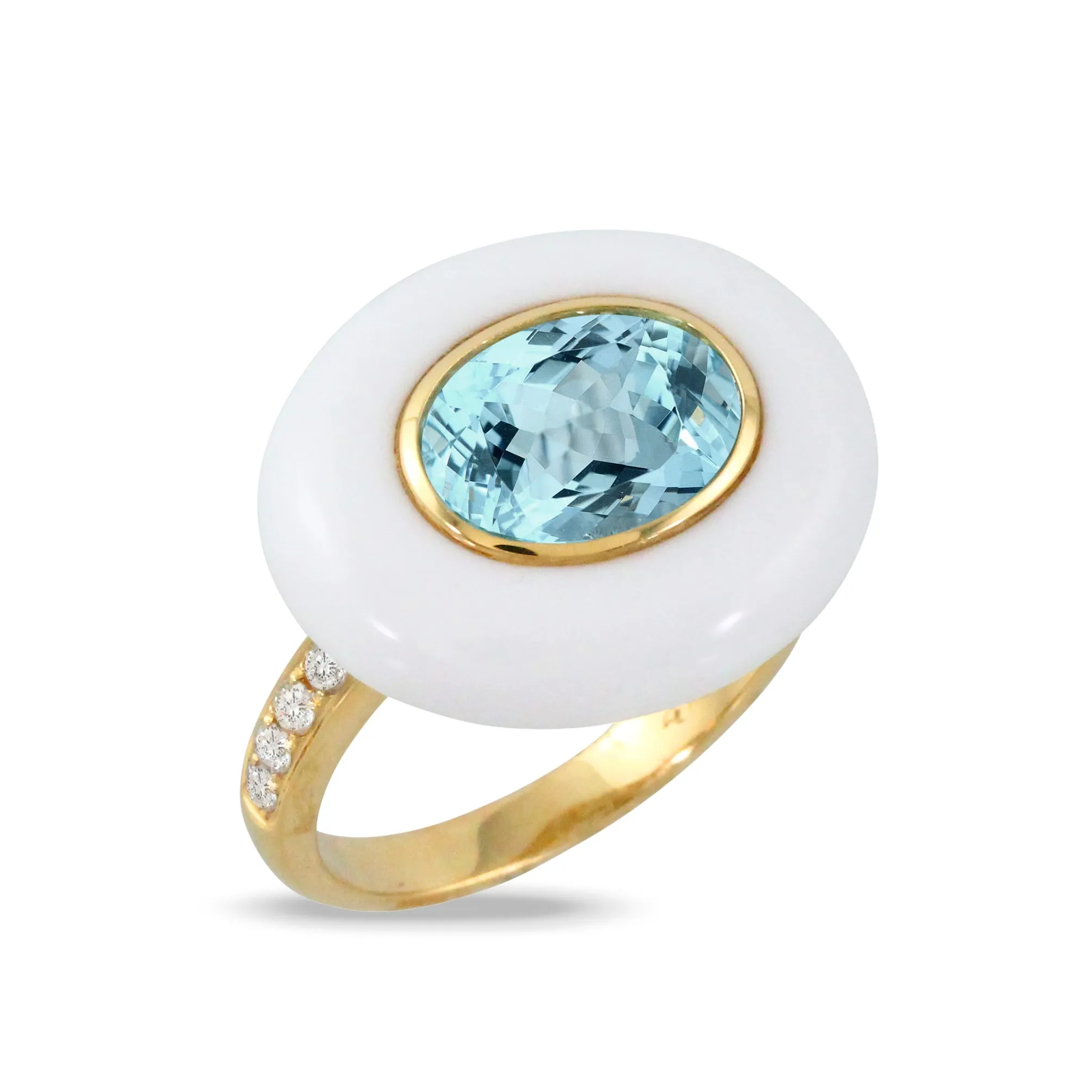 Diamond Ring with Sky Blue Topaz Center and White Agate Border