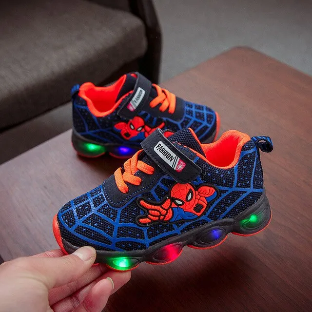 Disney Kids Shoes Spiderman Print Sneakers Spring and Autumn New Born Baby Boy Clothes Creativity Fashion LED Lighted Sneakers