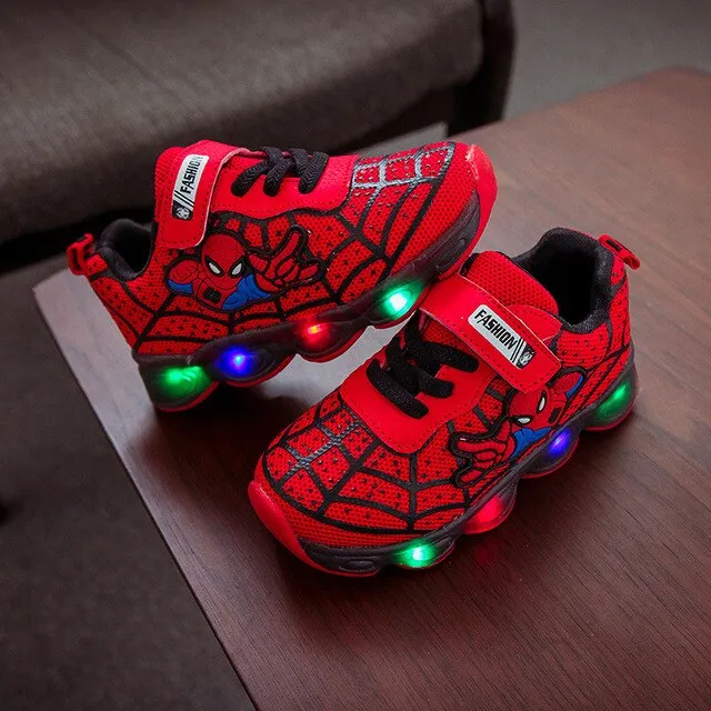 Disney Kids Shoes Spiderman Print Sneakers Spring and Autumn New Born Baby Boy Clothes Creativity Fashion LED Lighted Sneakers