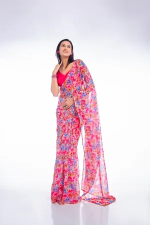 Ditsy Floral Printed Multicolored Georgette Saree With Co-ord Lace