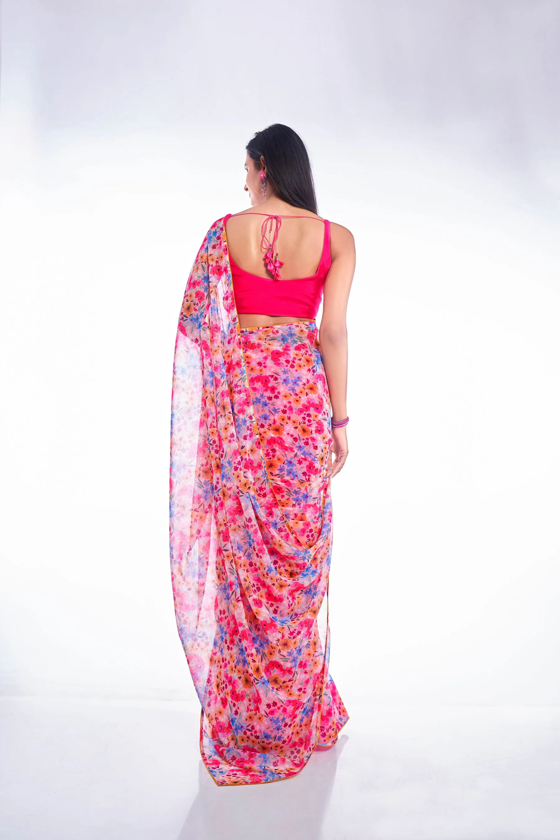 Ditsy Floral Printed Multicolored Georgette Saree With Co-ord Lace