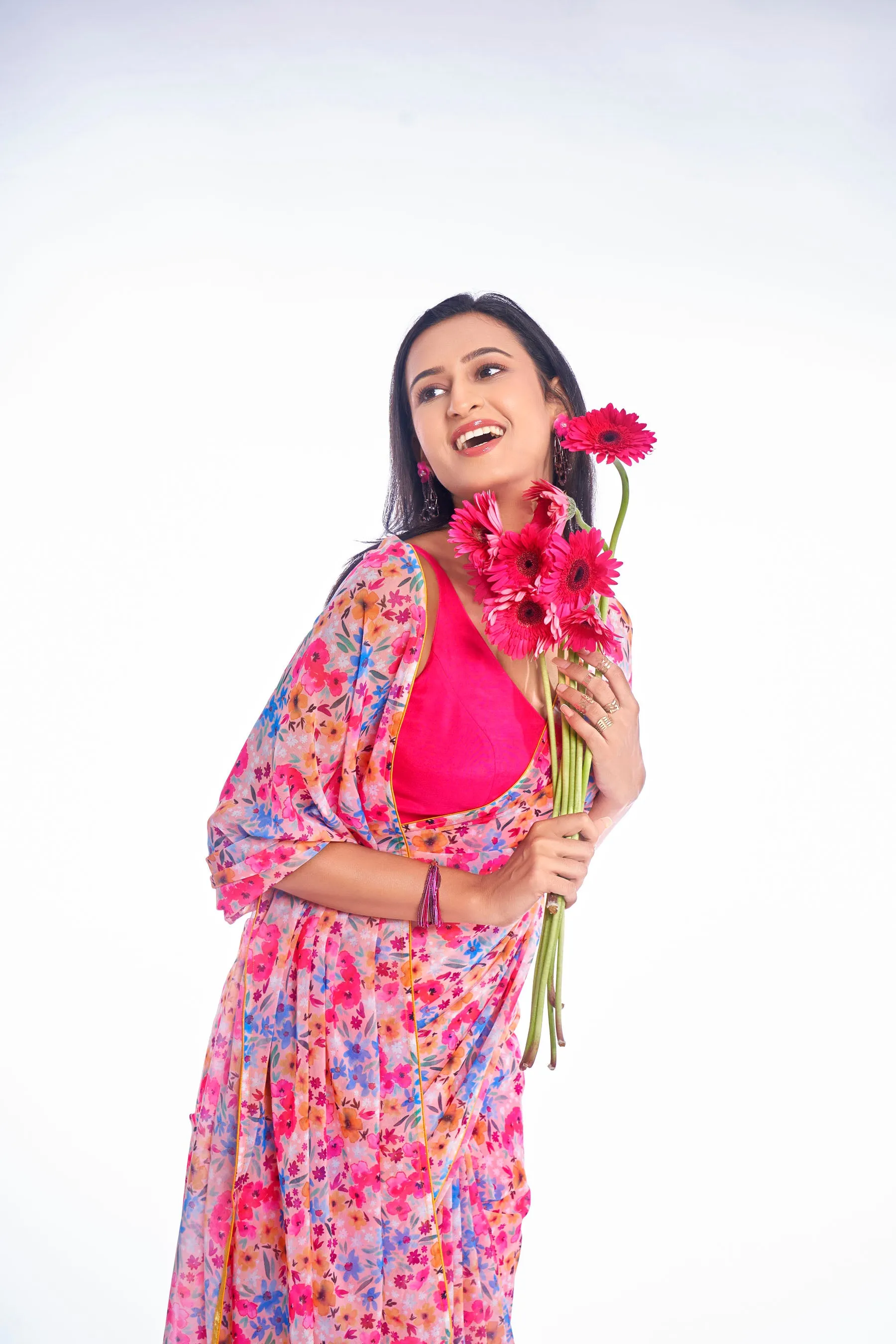 Ditsy Floral Printed Multicolored Georgette Saree With Co-ord Lace