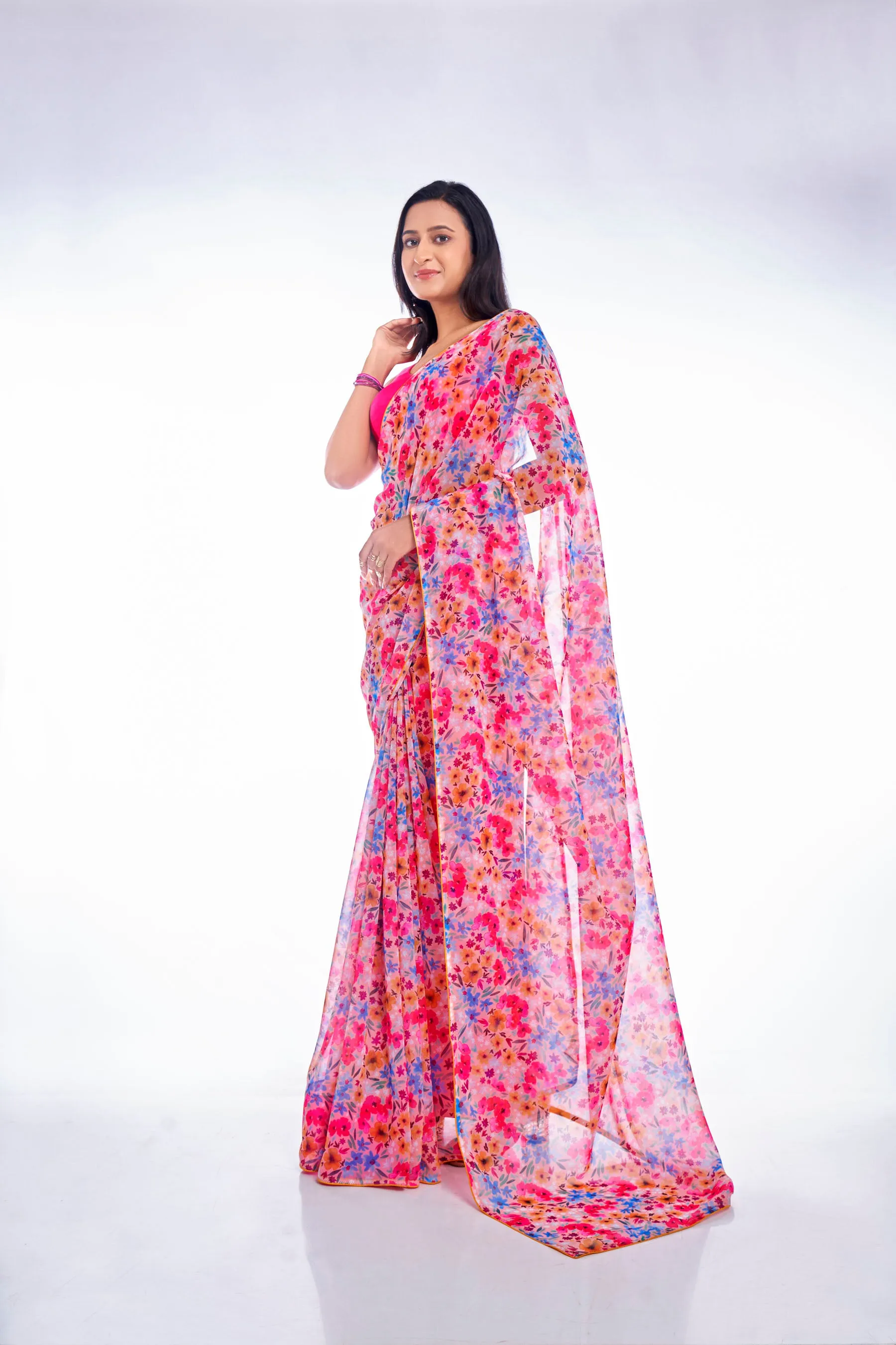 Ditsy Floral Printed Multicolored Georgette Saree With Co-ord Lace