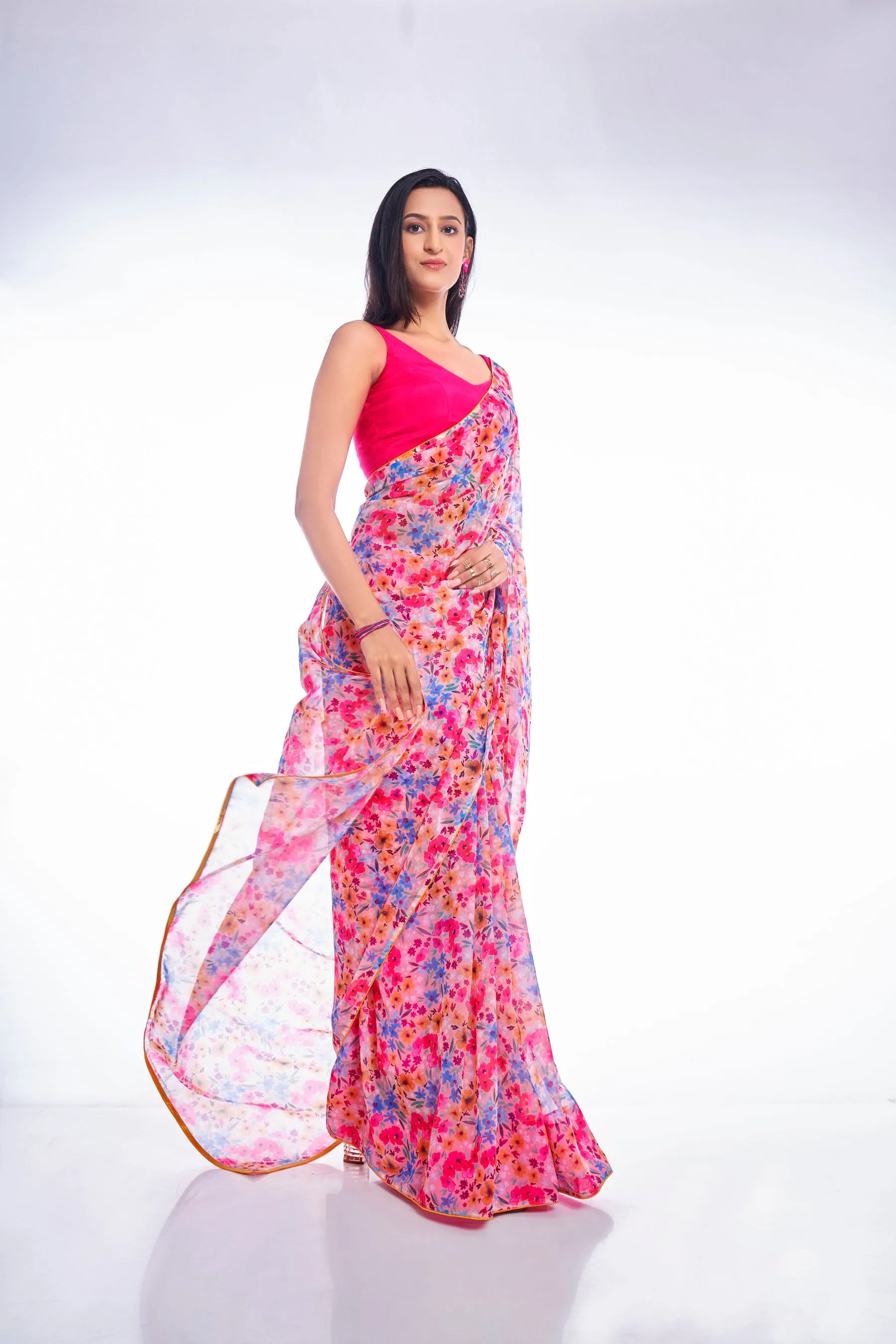 Ditsy Floral Printed Multicolored Georgette Saree With Co-ord Lace