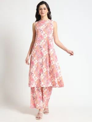 Divena Cream Floral Print Rayon Fabric Straight Kurta with Pant