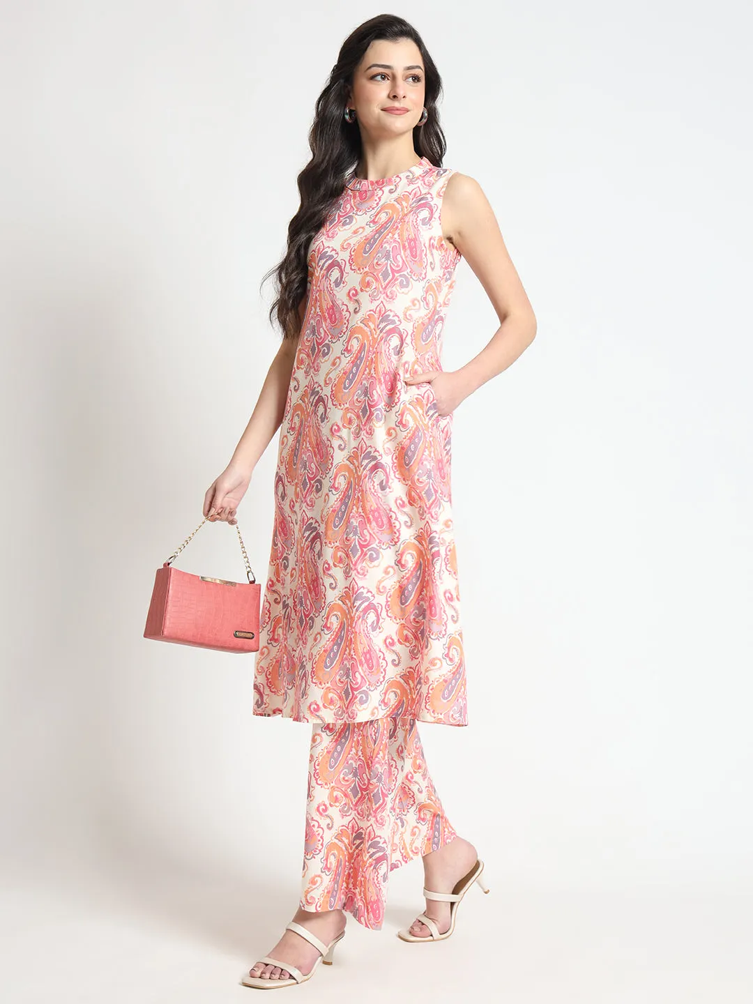 Divena Cream Floral Print Rayon Fabric Straight Kurta with Pant