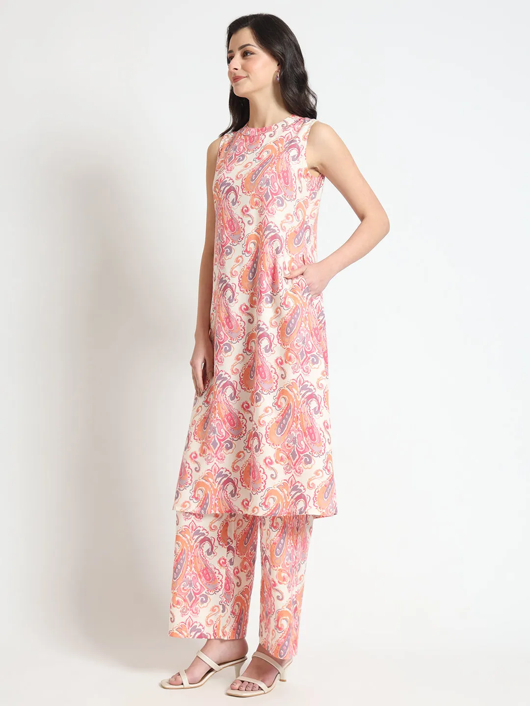Divena Cream Floral Print Rayon Fabric Straight Kurta with Pant