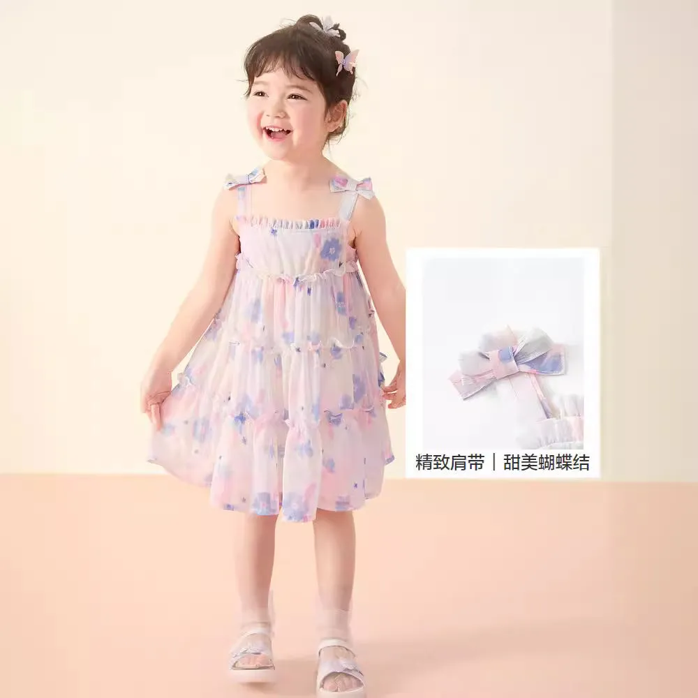 DUNNMALL  Girls' Chiffon Suspender Layered Dress  Summer New Women's Little Kids' Princess Dress Bow Children's Clothing 24b15