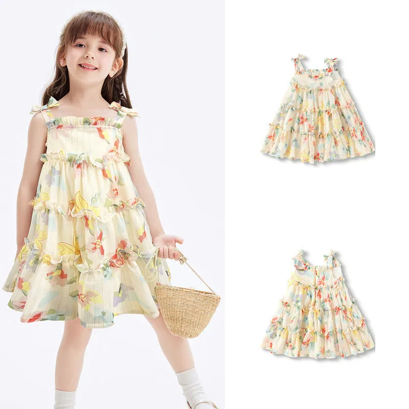 DUNNMALL  Girls' Chiffon Suspender Layered Dress  Summer New Women's Little Kids' Princess Dress Bow Children's Clothing 24b15