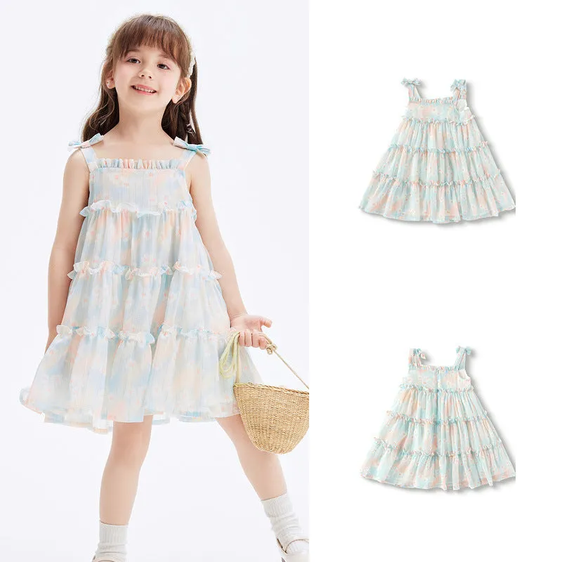 DUNNMALL  Girls' Chiffon Suspender Layered Dress  Summer New Women's Little Kids' Princess Dress Bow Children's Clothing 24b15