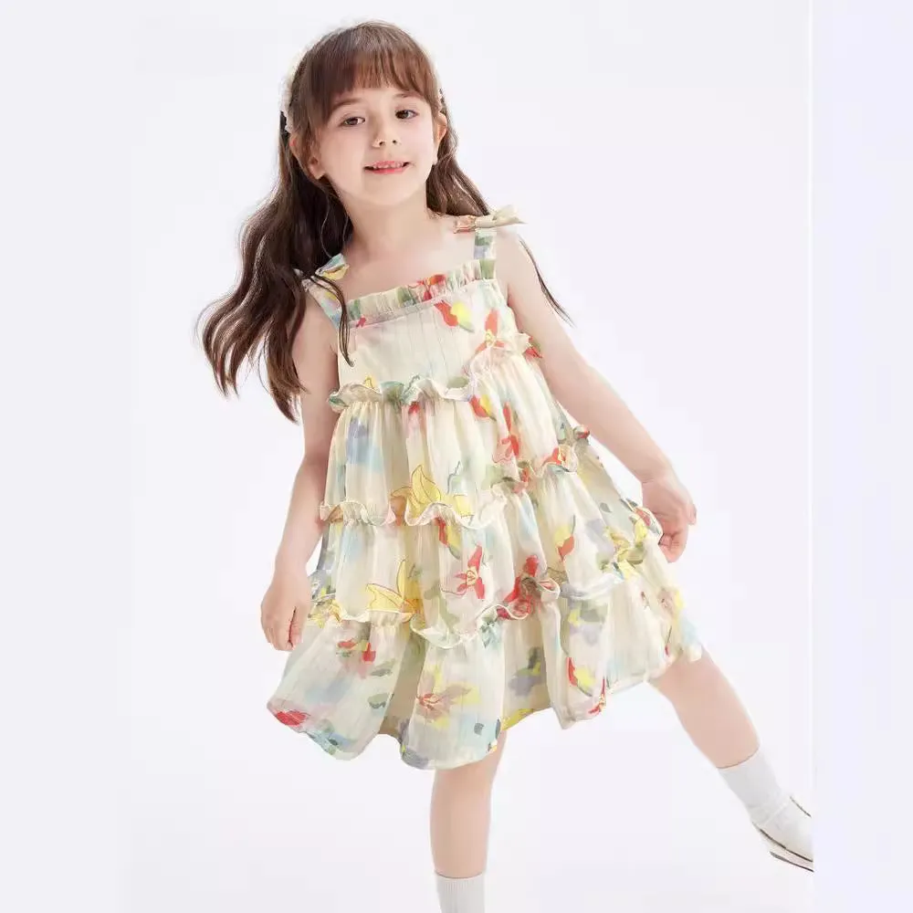 DUNNMALL  Girls' Chiffon Suspender Layered Dress  Summer New Women's Little Kids' Princess Dress Bow Children's Clothing 24b15