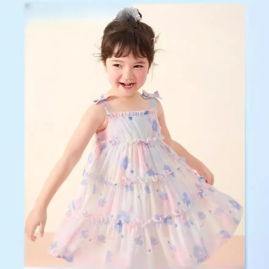 DUNNMALL  Girls' Chiffon Suspender Layered Dress  Summer New Women's Little Kids' Princess Dress Bow Children's Clothing 24b15
