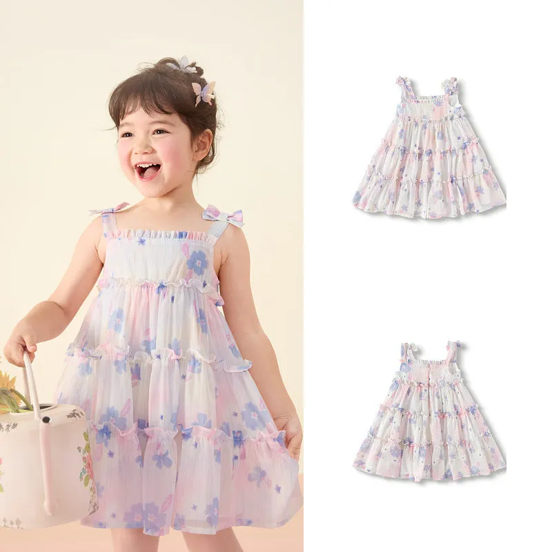 DUNNMALL  Girls' Chiffon Suspender Layered Dress  Summer New Women's Little Kids' Princess Dress Bow Children's Clothing 24b15