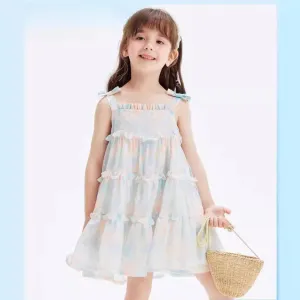 DUNNMALL  Girls' Chiffon Suspender Layered Dress  Summer New Women's Little Kids' Princess Dress Bow Children's Clothing 24b15