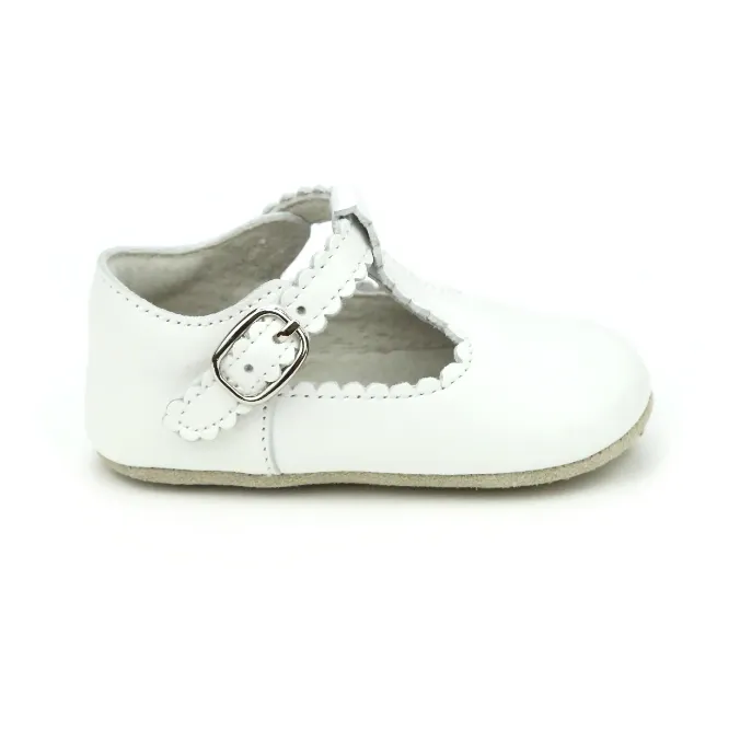 Elodie Scalloped T-Strap Mary Jane Crib Shoe, White (Infant)