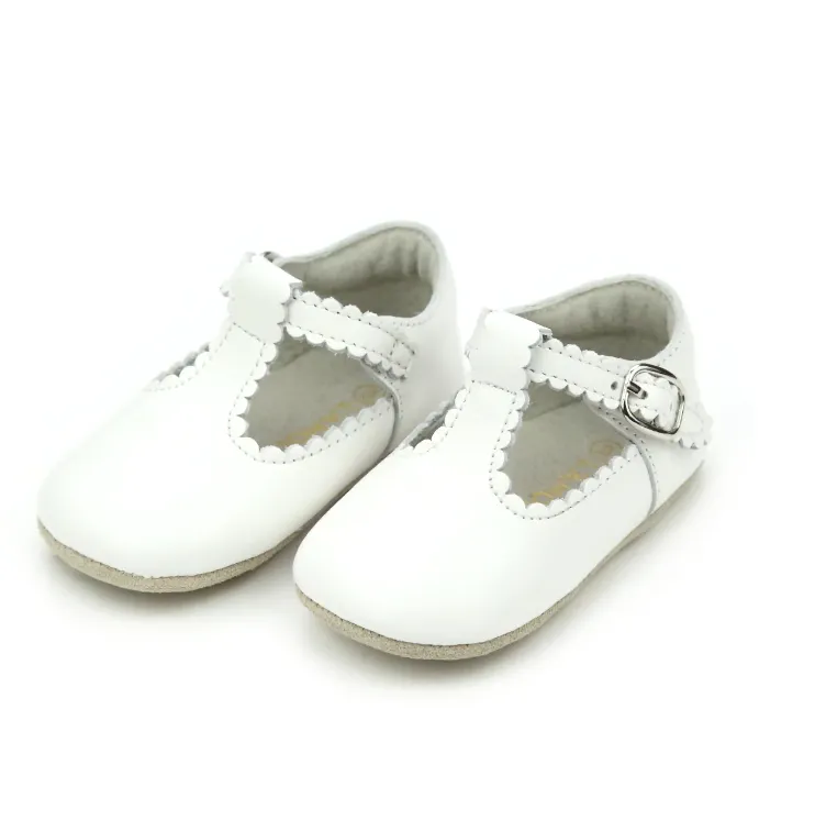 Elodie Scalloped T-Strap Mary Jane Crib Shoe, White (Infant)