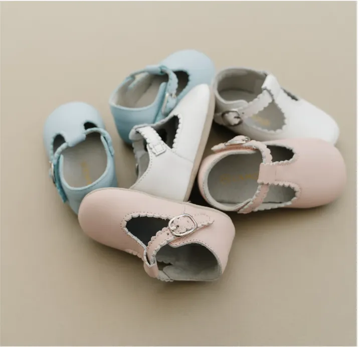 Elodie Scalloped T-Strap Mary Jane Crib Shoe, White (Infant)