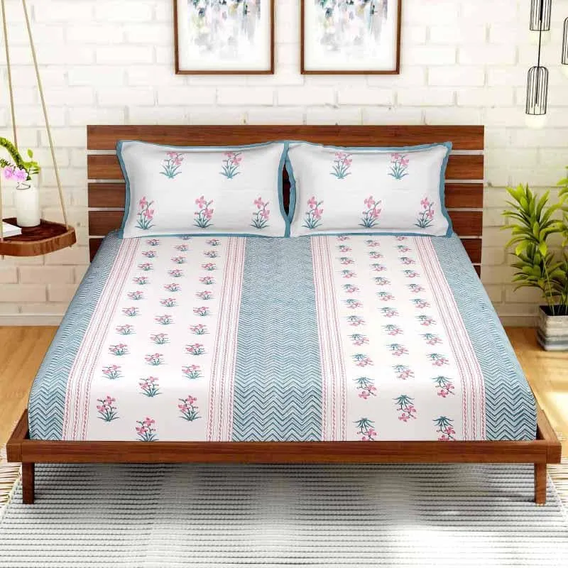Ethnic Lakeerein Printed Bedsheet - Blue