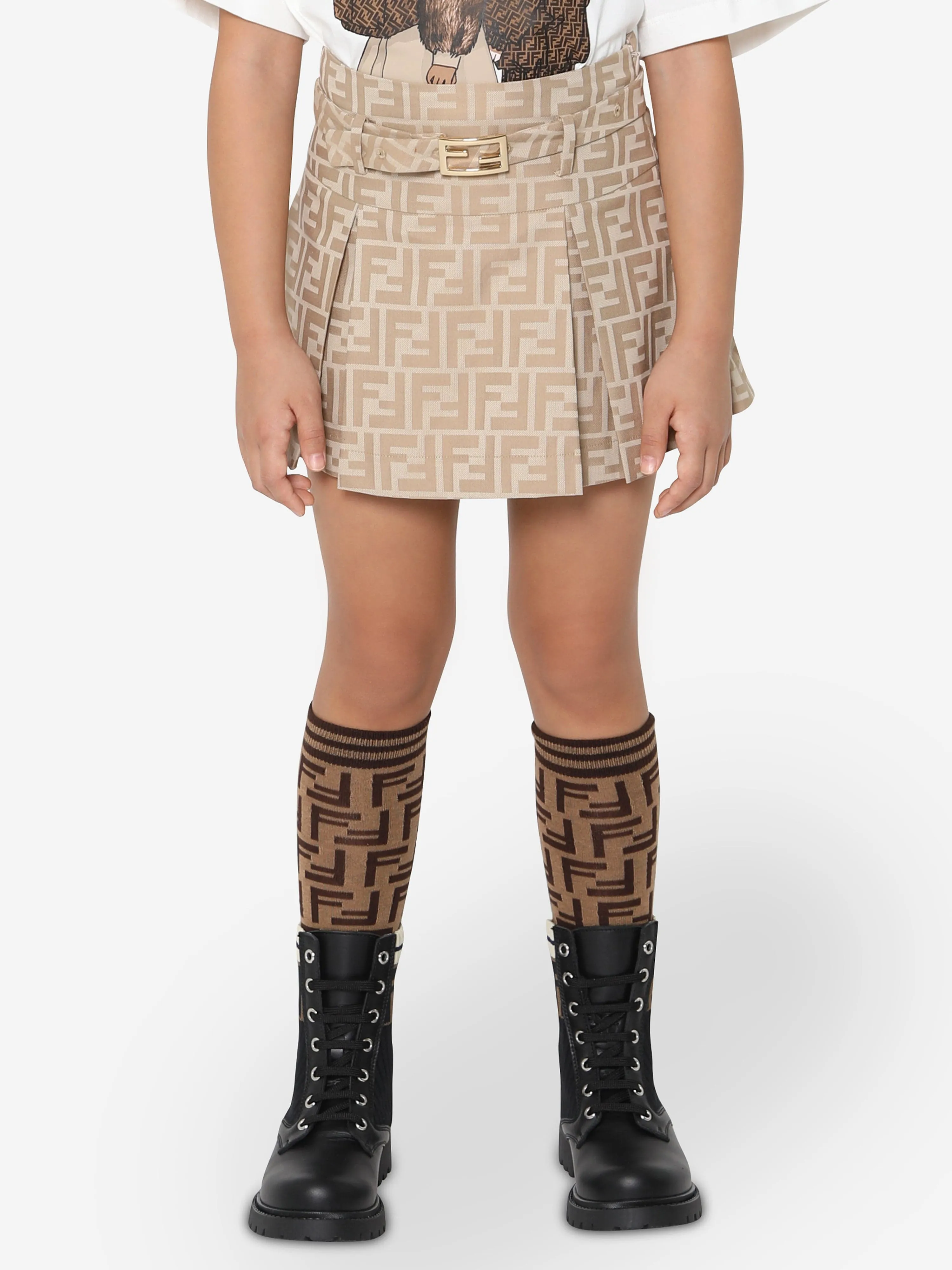 Fendi Girls FF Logo Buckle Skirt in Beige