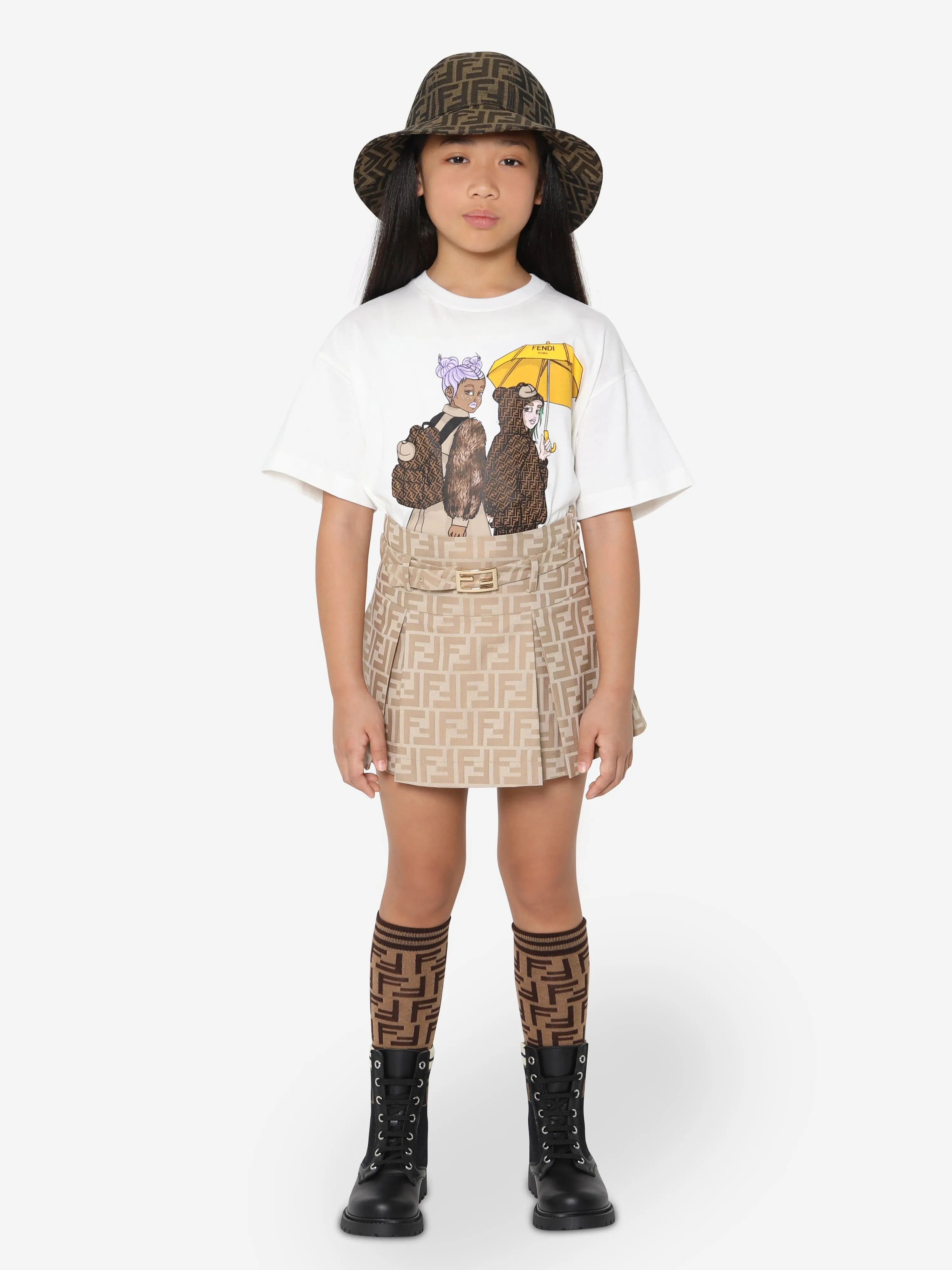 Fendi Girls FF Logo Buckle Skirt in Beige