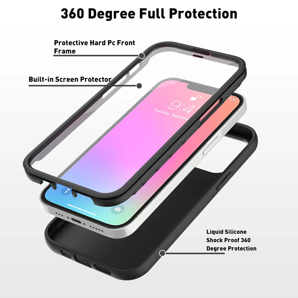 For Apple iPhone 13 Case with Built-in Screen Protector,Rugged PC Front Cover   Soft TPU Non-Slip Cover, Shockproof Full-Body Protective Case Cover - Black