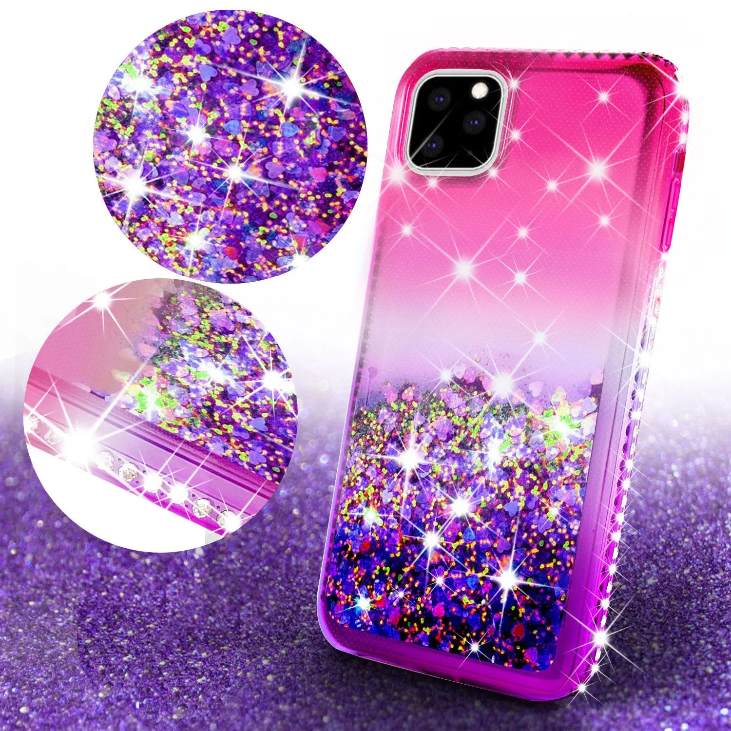 For Apple iPhone 13 Pro Case Liquid Glitter Phone Case Waterfall Floating Quicksand Bling Sparkle Cute Protective Girls Women Cover for iPhone 13 Pro W/Temper Glass -  (Hot Pink/Purple Gradient)