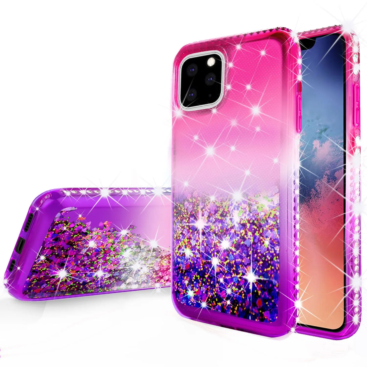 For Apple iPhone 13 Pro Case Liquid Glitter Phone Case Waterfall Floating Quicksand Bling Sparkle Cute Protective Girls Women Cover for iPhone 13 Pro W/Temper Glass -  (Hot Pink/Purple Gradient)