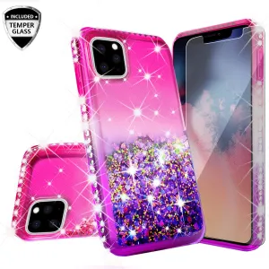 For Apple iPhone 13 Pro Case Liquid Glitter Phone Case Waterfall Floating Quicksand Bling Sparkle Cute Protective Girls Women Cover for iPhone 13 Pro W/Temper Glass -  (Hot Pink/Purple Gradient)