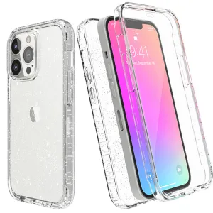 For Apple iPhone 13 Pro Case with Built-in Screen Protector,Rugged PC Front Cover   Soft TPU Non-Slip Cover, Shockproof Full-Body Protective Case Cover - Glitter Clear Silver