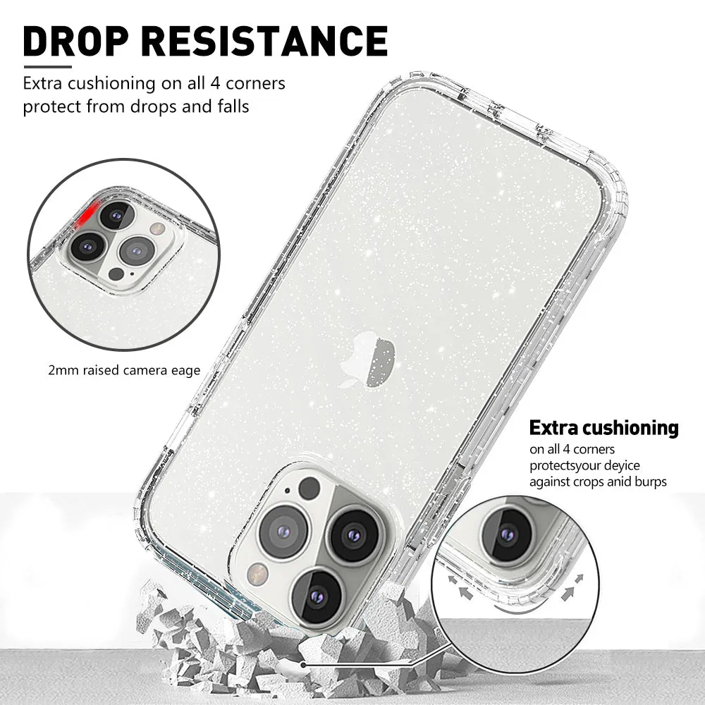 For Apple iPhone 13 Pro Case with Built-in Screen Protector,Rugged PC Front Cover   Soft TPU Non-Slip Cover, Shockproof Full-Body Protective Case Cover - Glitter Clear Silver