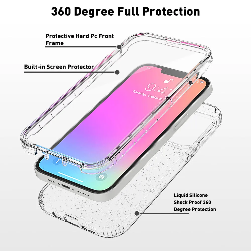 For Apple iPhone 13 Pro Case with Built-in Screen Protector,Rugged PC Front Cover   Soft TPU Non-Slip Cover, Shockproof Full-Body Protective Case Cover - Glitter Clear Silver