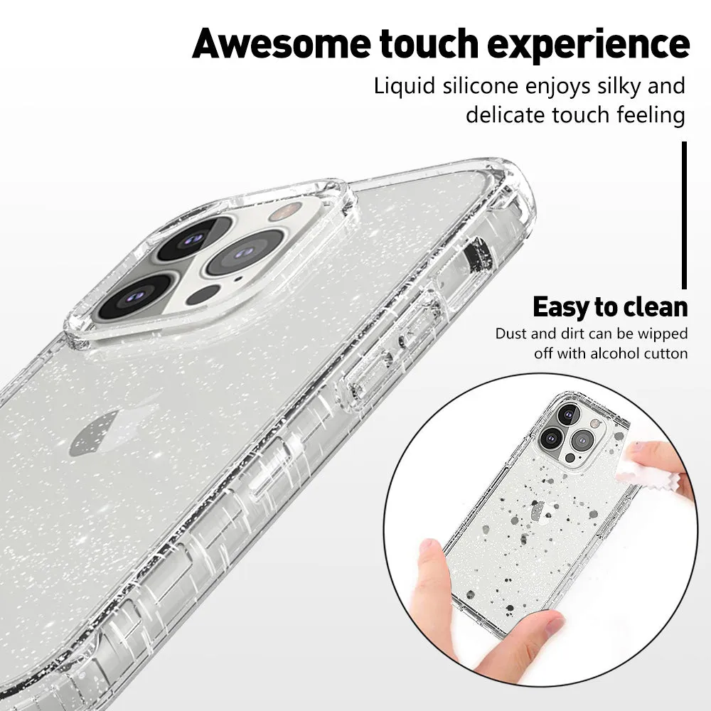 For Apple iPhone 13 Pro Case with Built-in Screen Protector,Rugged PC Front Cover   Soft TPU Non-Slip Cover, Shockproof Full-Body Protective Case Cover - Glitter Clear Silver