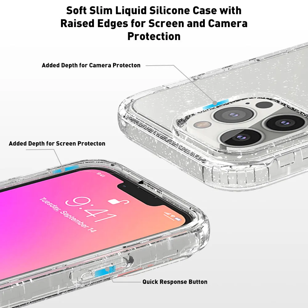 For Apple iPhone 13 Pro Case with Built-in Screen Protector,Rugged PC Front Cover   Soft TPU Non-Slip Cover, Shockproof Full-Body Protective Case Cover - Glitter Clear Silver