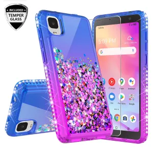 For TCL A3 Case Liquid Glitter Phone Case Waterfall Floating Quicksand Bling Sparkle Cute Protective Girls Women Cover for TCL A3 W/Temper Glass -  (Blue/Purple Gradient)