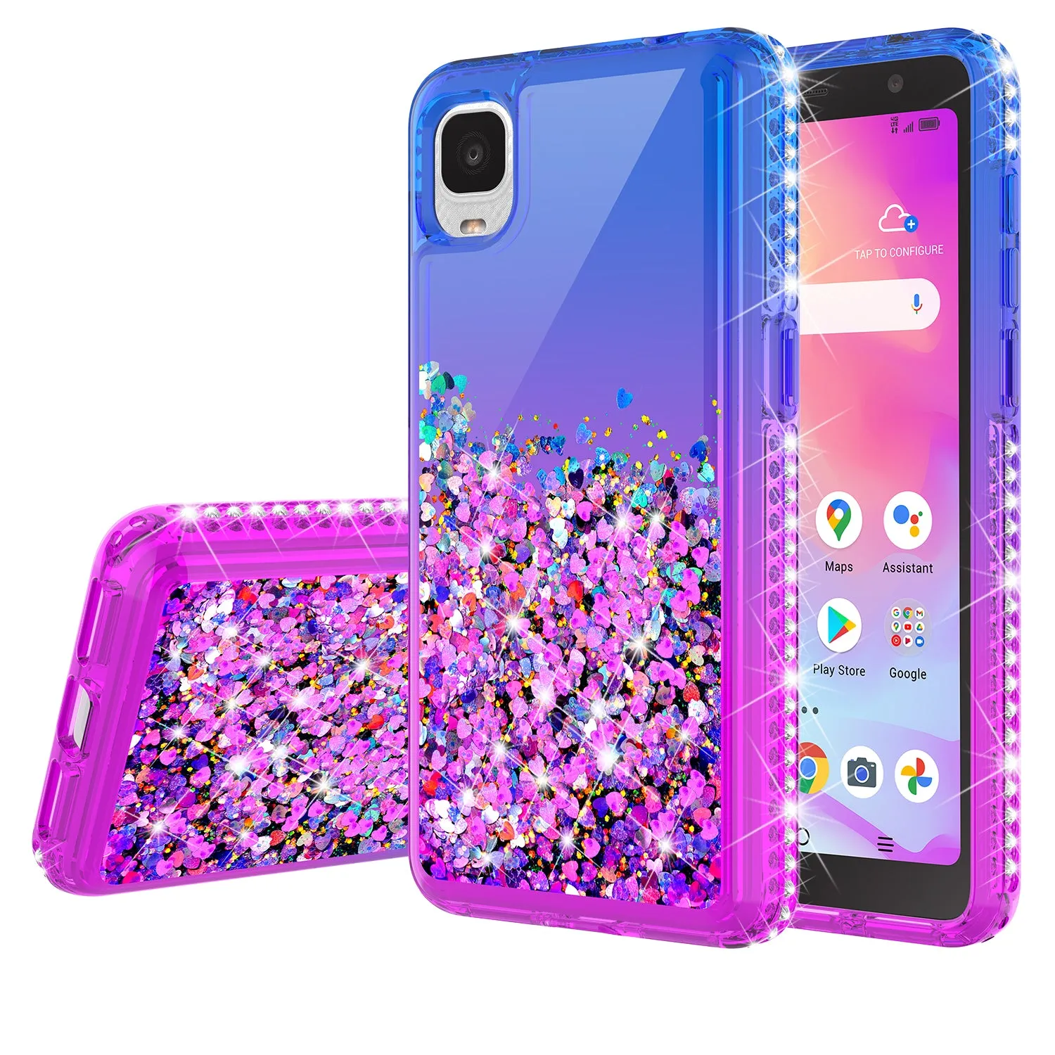 For TCL A3 Case Liquid Glitter Phone Case Waterfall Floating Quicksand Bling Sparkle Cute Protective Girls Women Cover for TCL A3 W/Temper Glass -  (Blue/Purple Gradient)