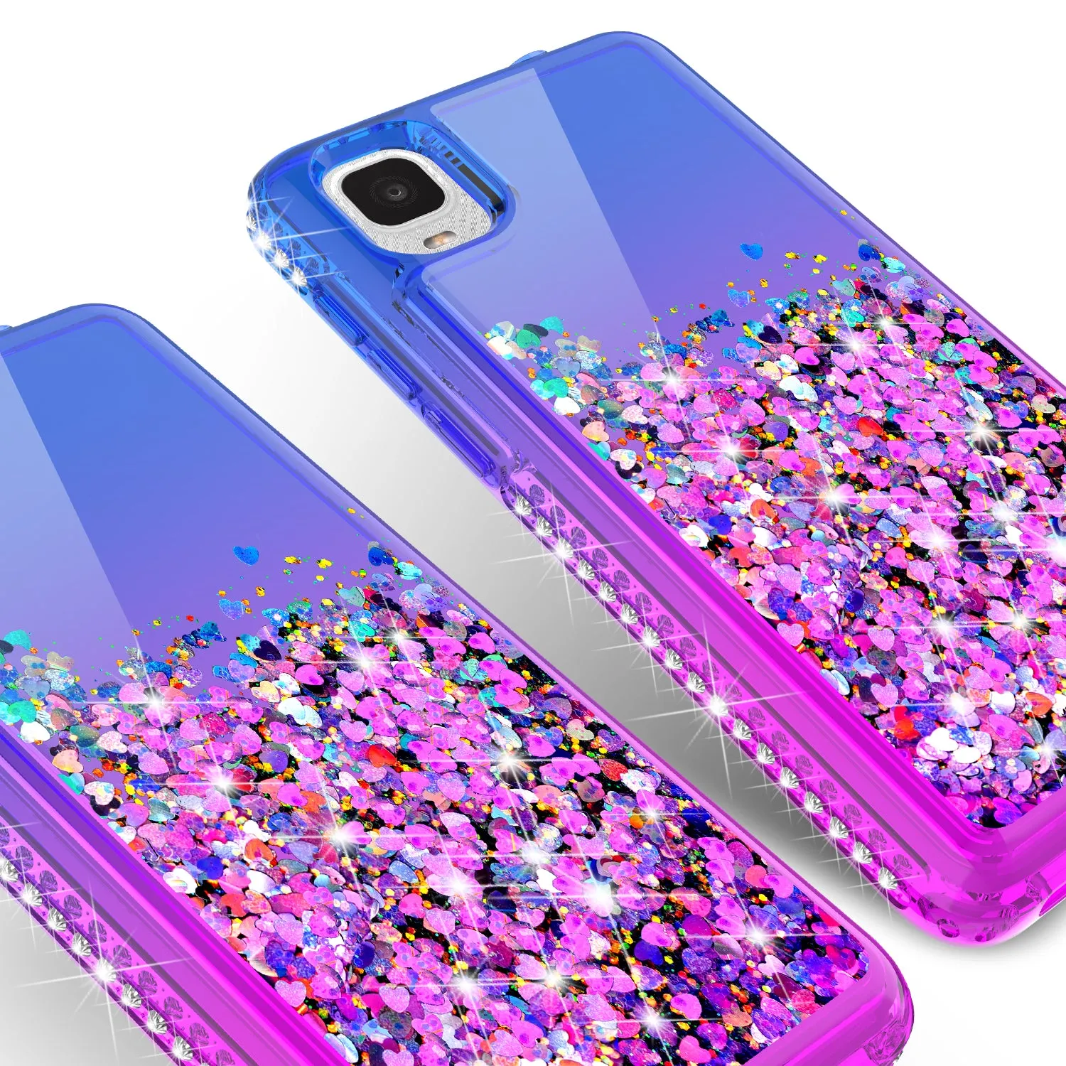 For TCL A3 Case Liquid Glitter Phone Case Waterfall Floating Quicksand Bling Sparkle Cute Protective Girls Women Cover for TCL A3 W/Temper Glass -  (Blue/Purple Gradient)